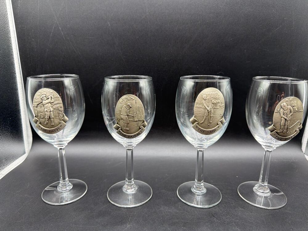 Vintage Fort Pewter Golf Wine Glasses Set of 4 The Drive Fairway Sand Putt 7”